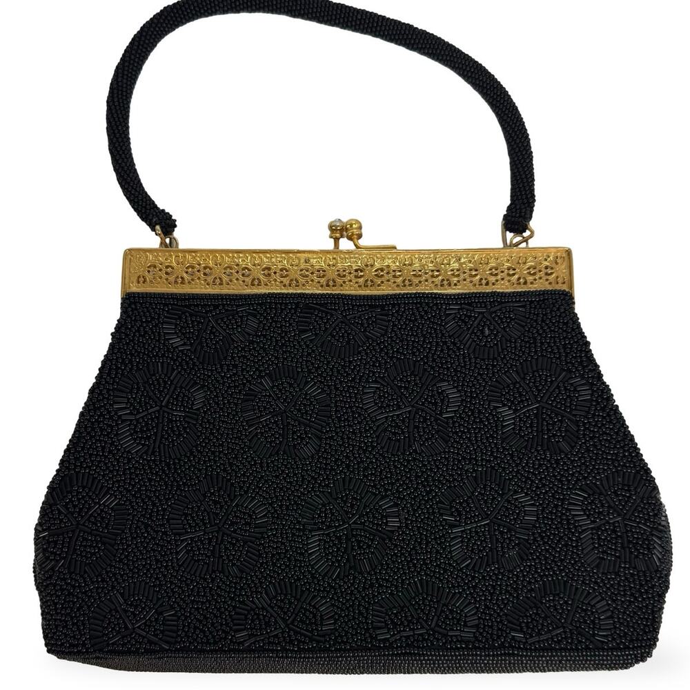 Vintage 1950s Black Glass Beaded Hong Kong Evening Purse Gold Filigree AB Clasp